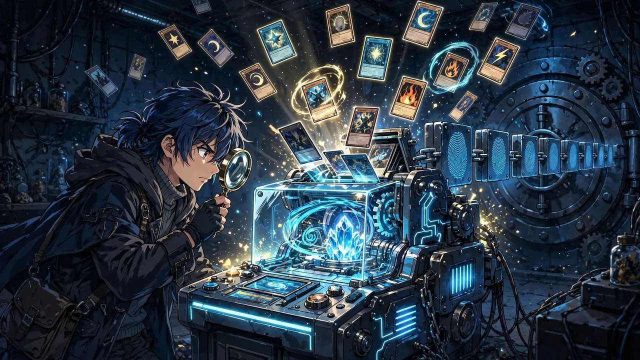 Anime illustration of a collector holding a magnifying glass up to a glowing digital pack machine, a chain of fingerprint blocks and a sealed vault door behind it, trading cards floating in the light