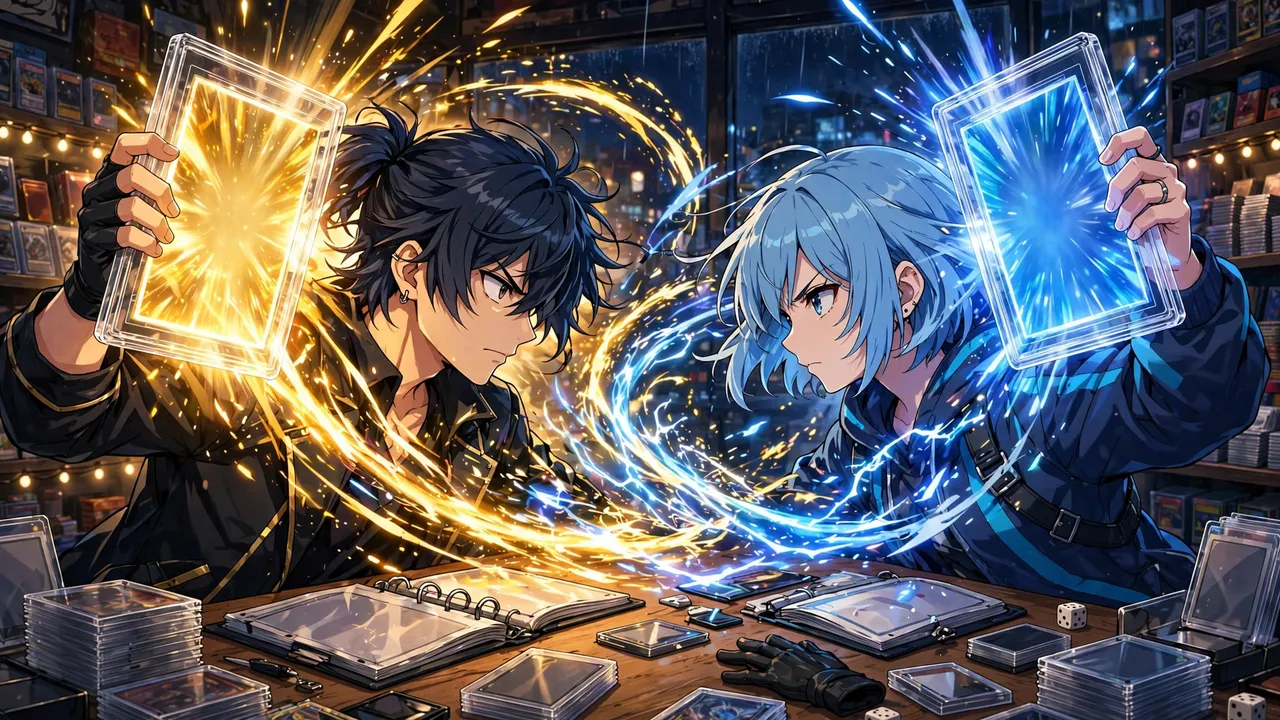 Anime illustration of two rival collectors facing off, each holding a glowing graded card slab