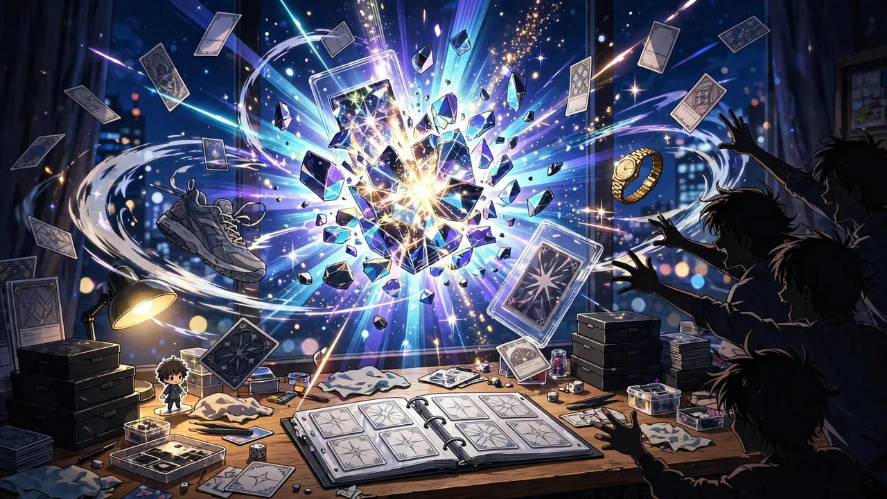 Anime illustration of a glowing digital pack bursting open above a collector's desk, cards and a graded slab flying, a sneaker and a gold watch orbiting in the light