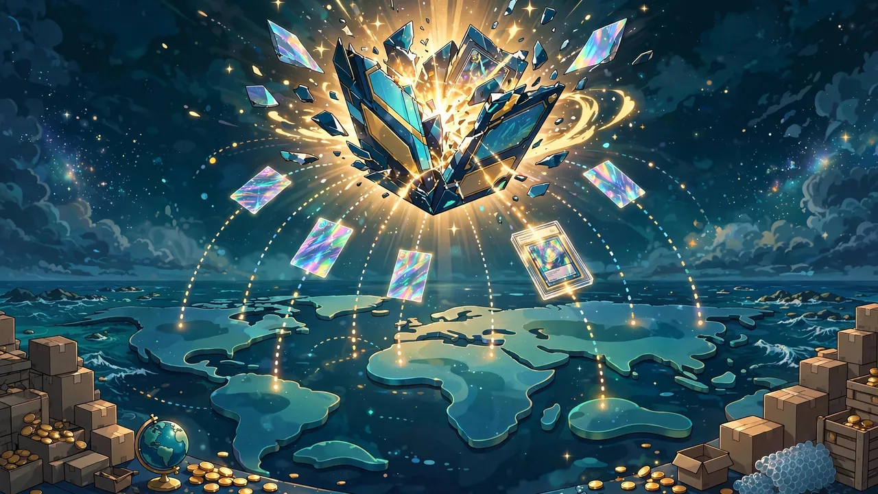 Anime illustration of a glowing pack bursting open above a stylized world map with no labels, holographic cards arcing along dotted paths toward different continents, shipping boxes, coins and a desk globe below