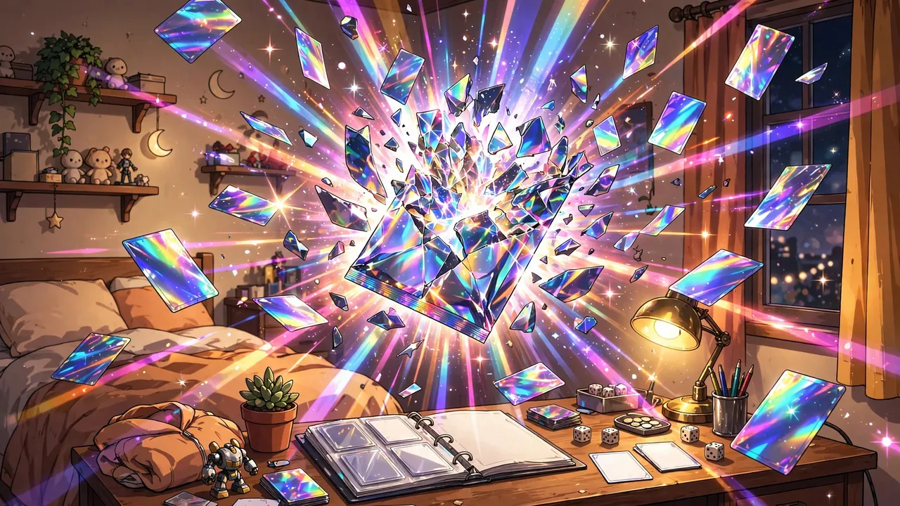 Anime illustration of a glowing Pokémon pack bursting open above a collector's desk, holographic cards flying through the air