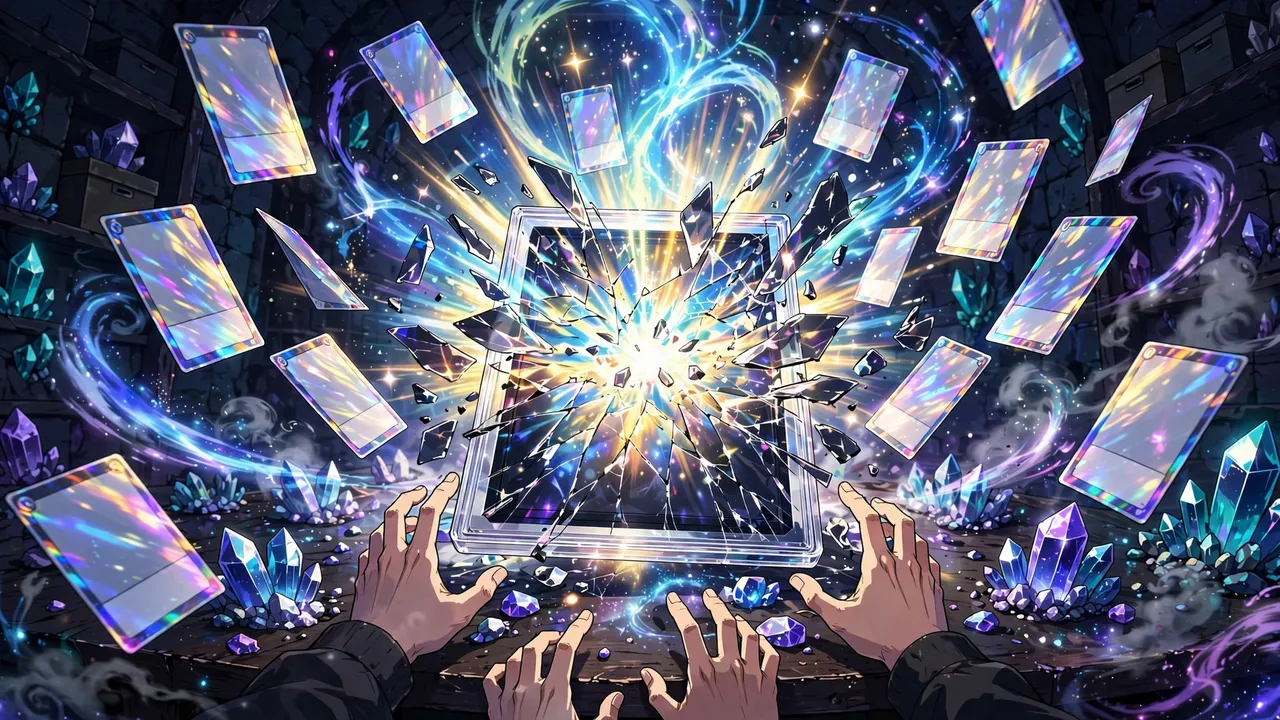 Anime illustration of a glowing graded card slab bursting open above a vault table, blank holographic cards flying through light and crystal shards