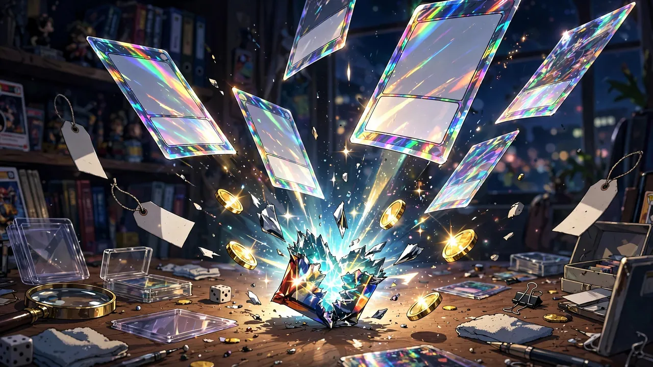 Anime illustration of a tiny glowing pack bursting open for a few coins on a collector desk, holographic cards flying upward