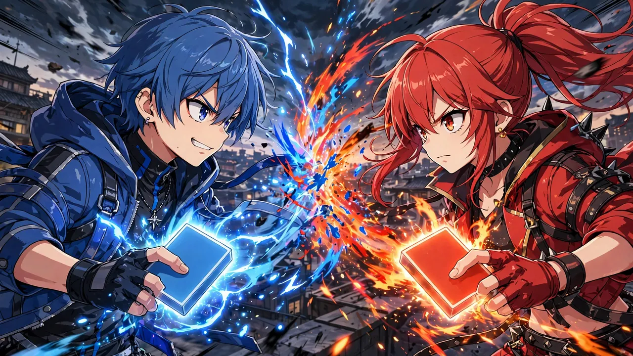 Anime illustration of two rival characters facing off, each holding a glowing card pack