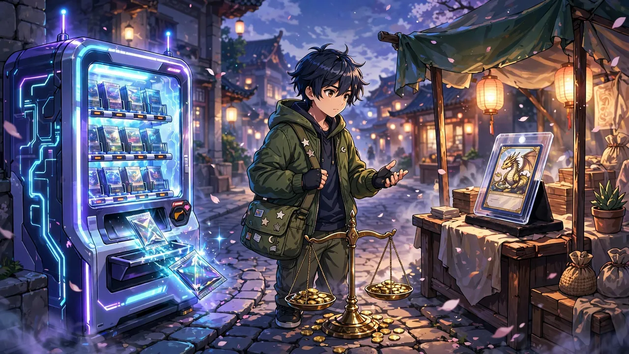 Anime illustration of a collector at a crossroads between a glowing digital pack vending machine and a market stall holding one single graded card in a clear case, coins balanced on a scale between them