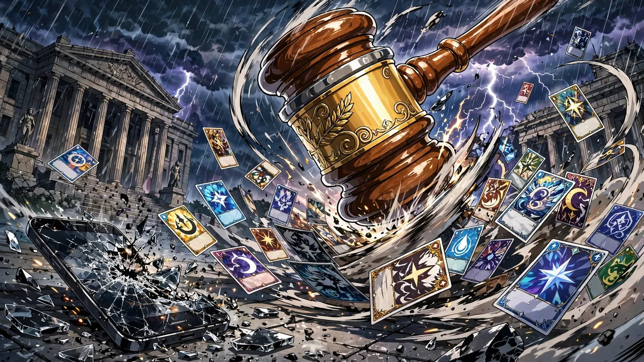 Anime illustration of a judge's gavel striking down amid swirling trading cards