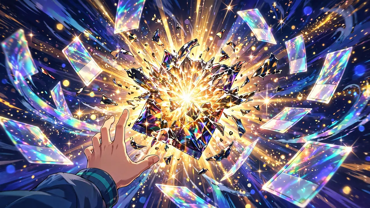 Anime illustration of a glowing trading card pack bursting open with light, a collector reaching toward it