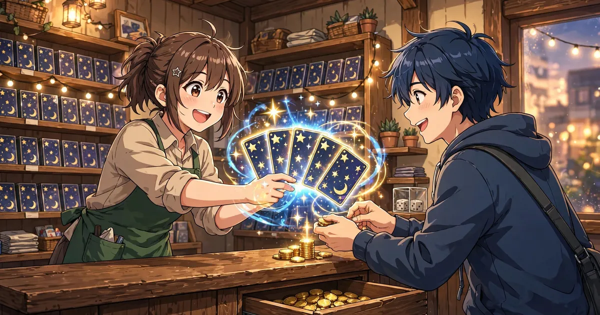 Anime illustration of a shopkeeper trading glowing trading cards for gold coins across a wooden counter