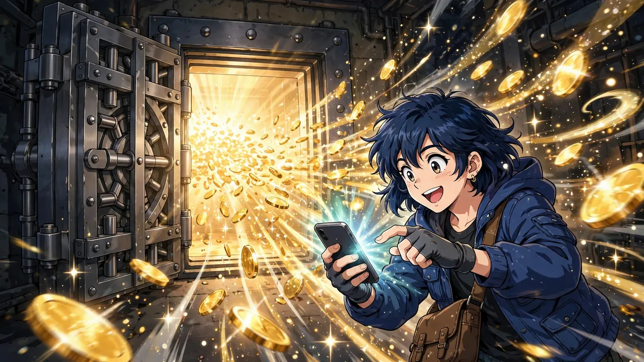 Anime illustration of a collector tapping a glowing wallet app as a vault door swings open behind them, coins of light streaming out, vibrant cel-shaded art