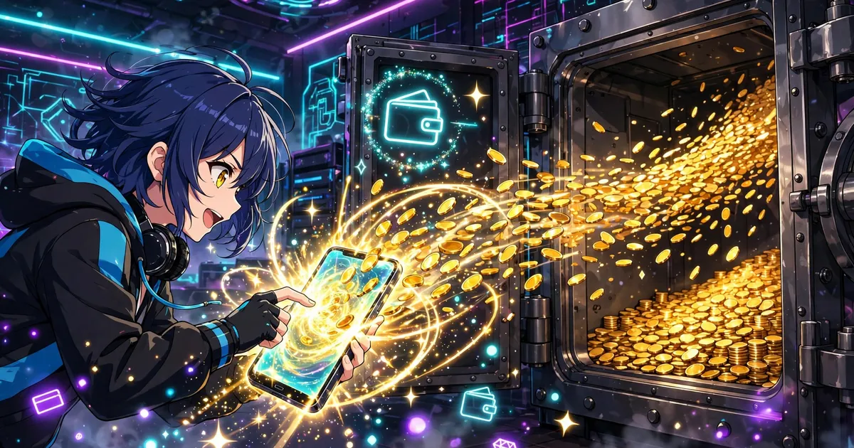 Anime illustration of a character withdrawing streams of golden coins from a vault into a glowing smartphone