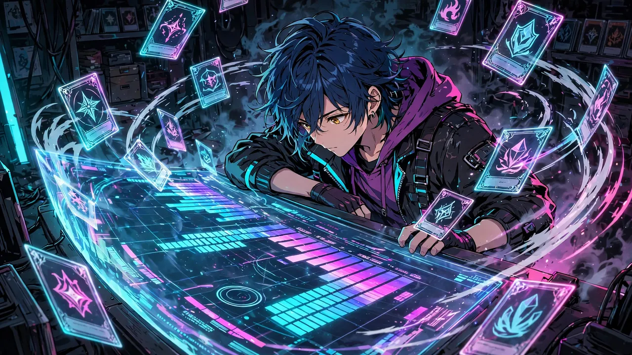 Anime illustration of a collector studying a glowing holographic odds panel covered in percentage bars, digital trading cards swirling around them, vibrant cel-shaded art