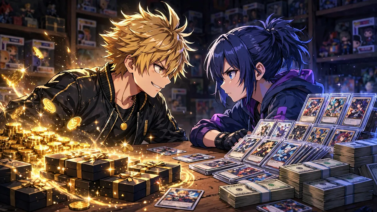 Anime illustration of two rival collectors facing off, one with glowing gold coins and mystery boxes, the other with graded cards and stacks of cash