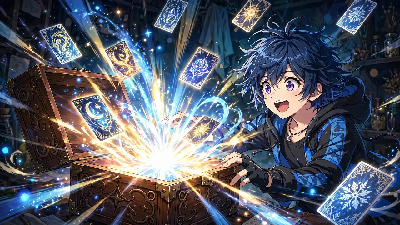 Anime illustration of a character opening a mystery box with light bursting out