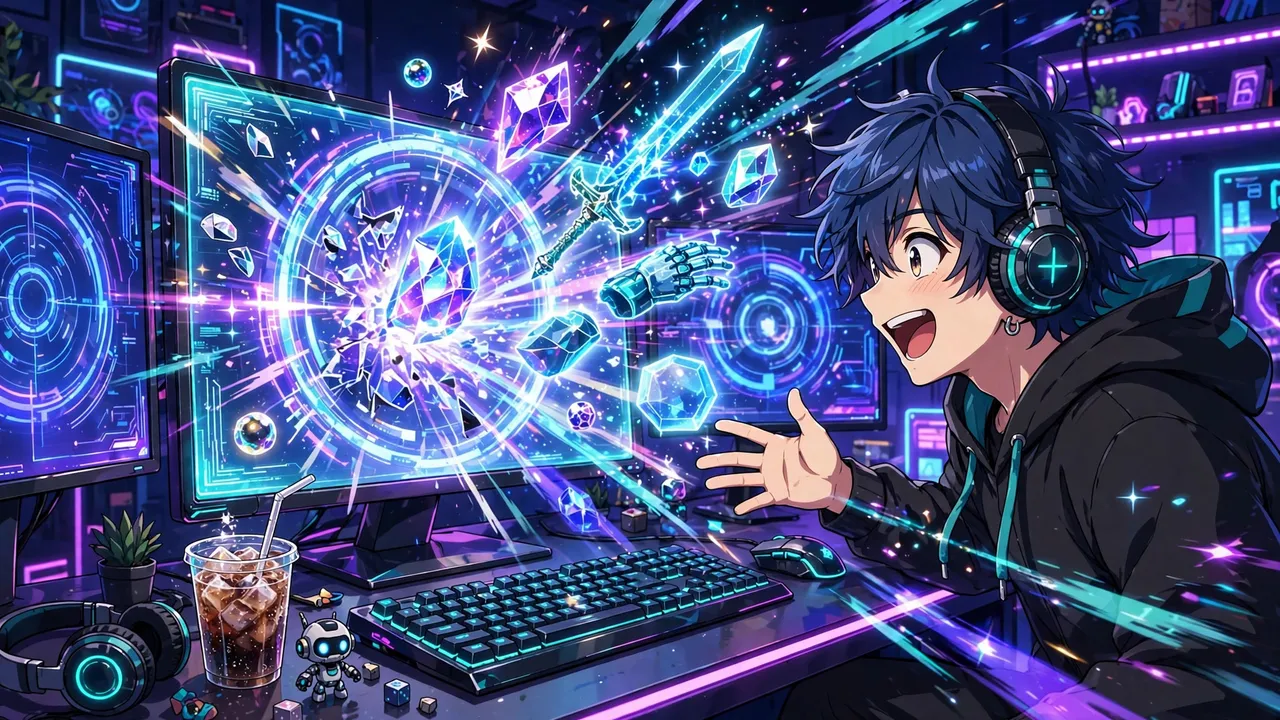 Anime illustration of a gamer opening digital cases at a glowing computer setup