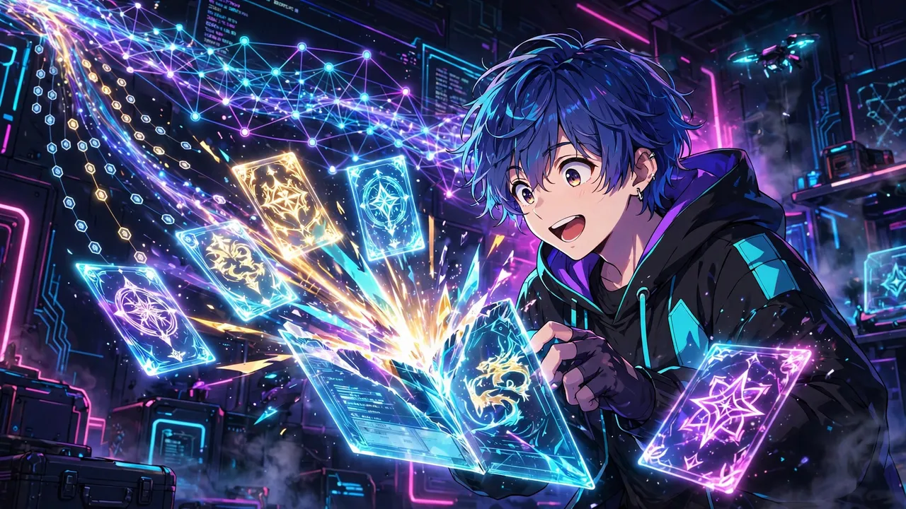 Anime illustration of a collector opening a glowing digital card pack beside a blockchain ledger