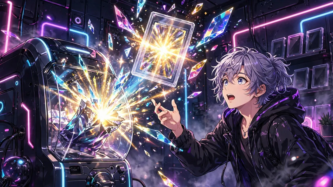 Anime illustration of a collector opening a glowing digital gacha pack, a graded trading card slab rising out of neon light