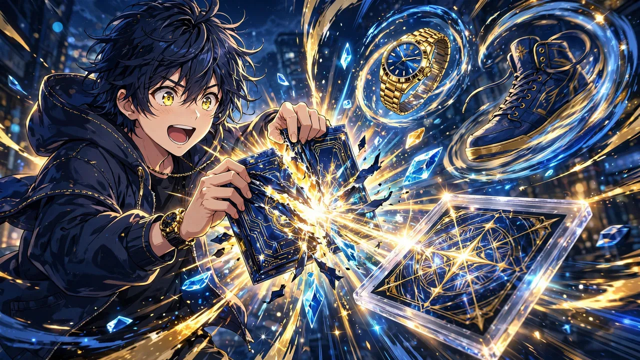 Anime illustration of a collector tearing open a glowing digital pack as a graded card slab bursts out, with a sneaker and a gold watch swirling in the light