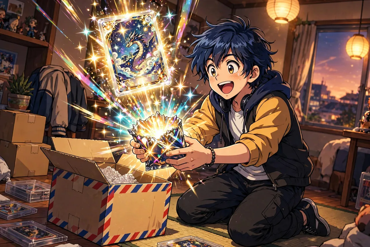 Anime illustration of a collector opening a glowing mystery pack beside a parcel from Japan