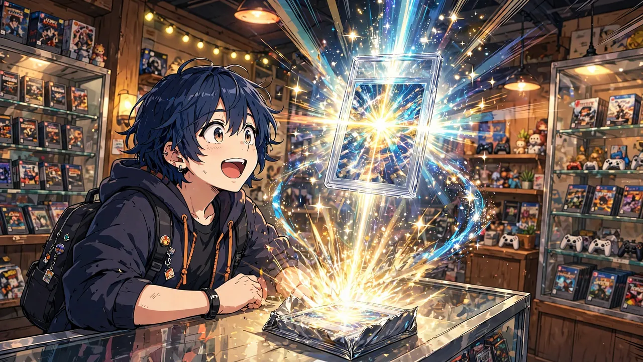 Anime illustration of a young collector at a game store counter watching a glowing pack reveal a graded card slab floating in bright light