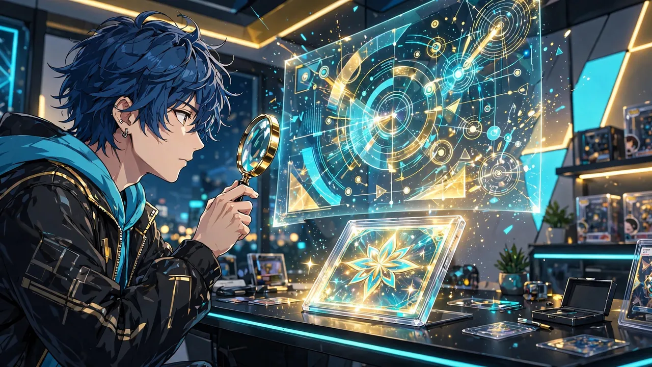 Anime illustration of a collector studying published pull-rate odds beside a glowing graded card