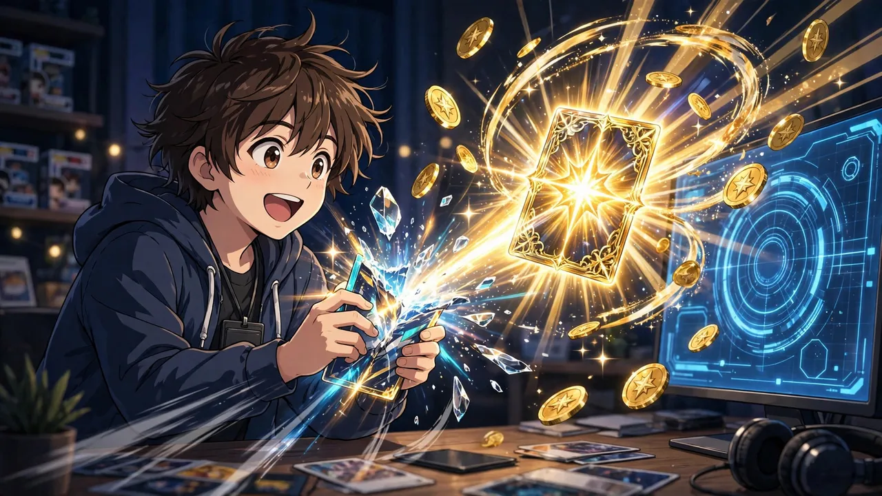 Anime illustration of a collector tearing open a glowing digital pack at his screen as one radiant trading card bursts out and gold credit coins swirl around it