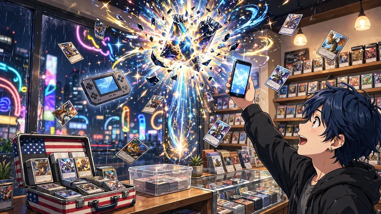 Anime illustration of a collector in a neon Tokyo card shop holding up a phone as a glowing mystery pack bursts open, trading cards and a game console floating in the light