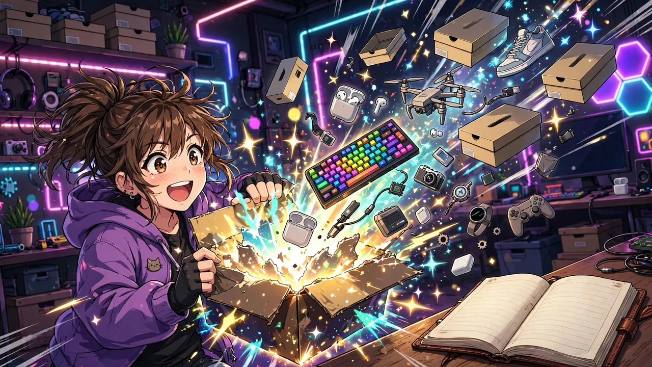 Anime illustration of a collector tearing open a glowing mystery box as tech gadgets and sneaker boxes burst out