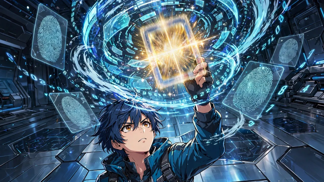 Anime illustration of a collector pulling a glowing graded slab card from a digital pack hologram over a vault floor