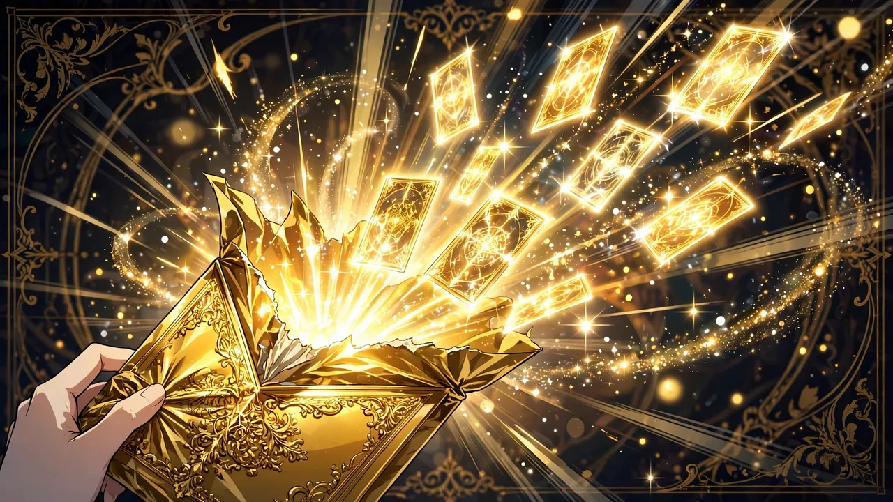 Anime illustration of a golden trading card pack opening with sparkles