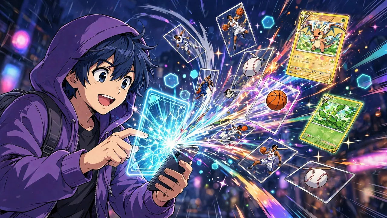 Anime illustration of a collector swiping open a glowing digital card pack on a phone, holographic cards bursting out