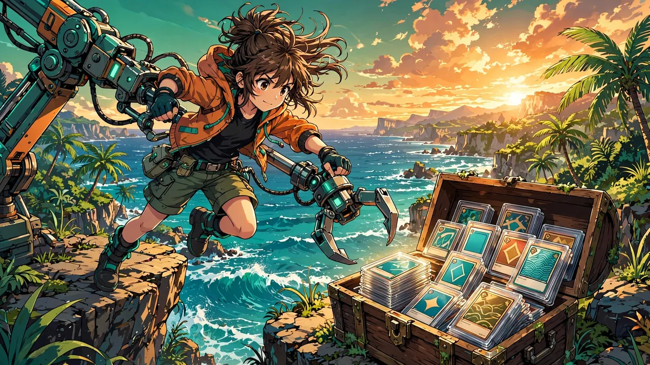 Anime illustration of a girl on a tropical cliff at sunset swinging a claw machine arm toward a chest of graded trading card slabs