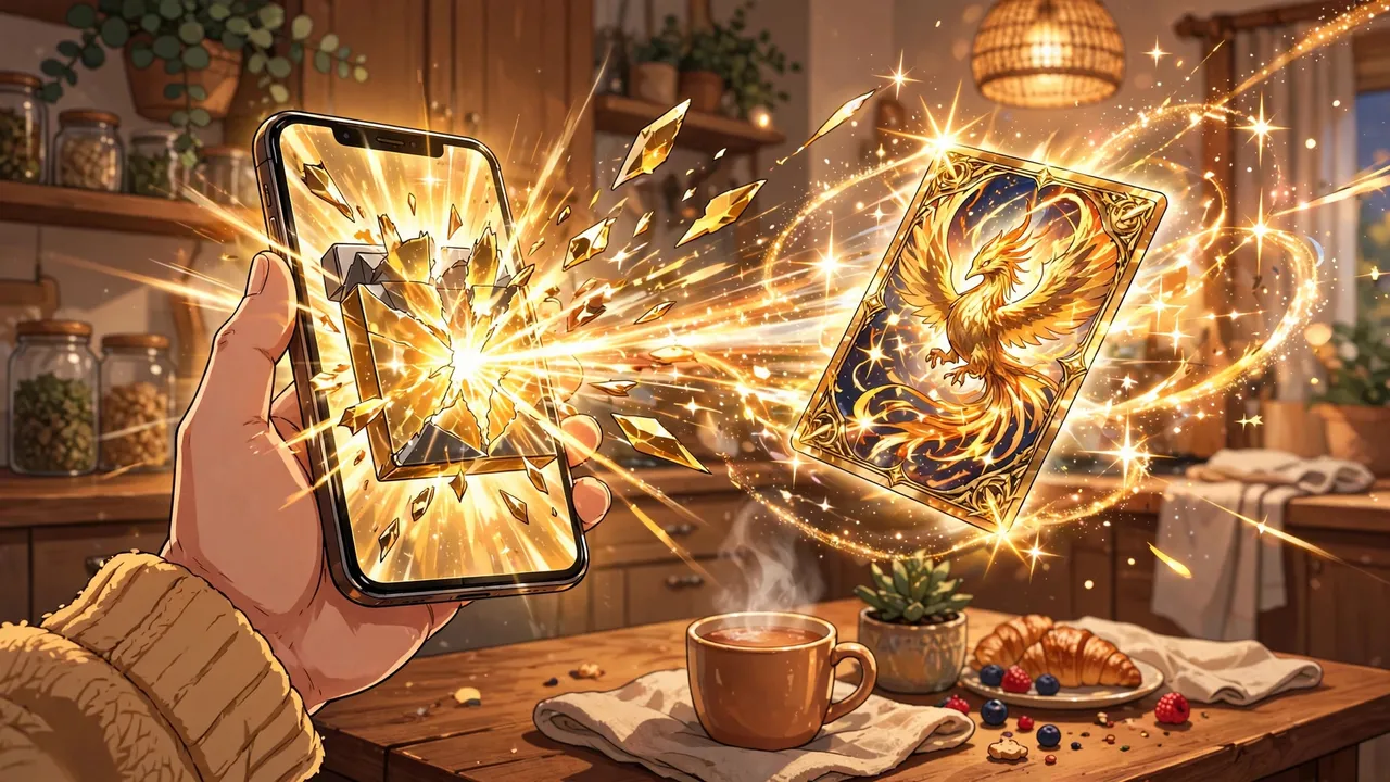 Anime illustration of a phone held up at a kitchen table as a glowing pack bursts open, a graded card exploding outward in sparkles