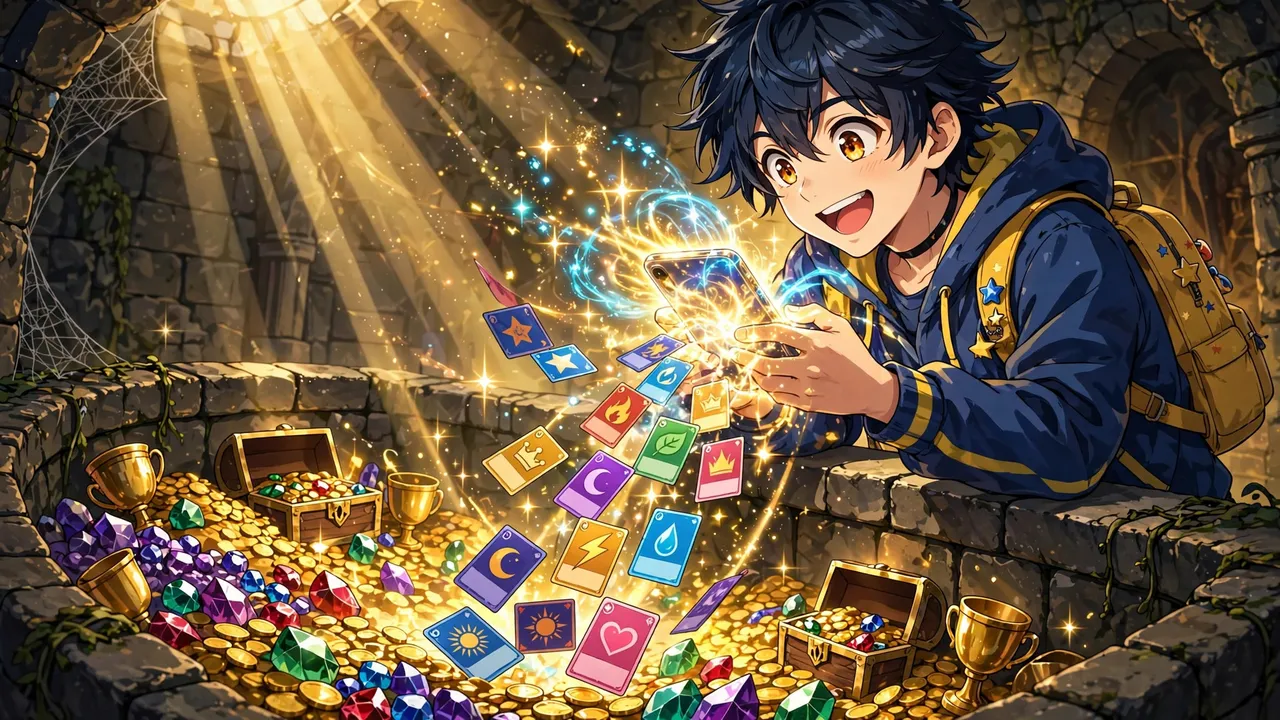 Anime illustration of a collector opening a glowing digital pack on a phone as trading cards cascade into a vault below