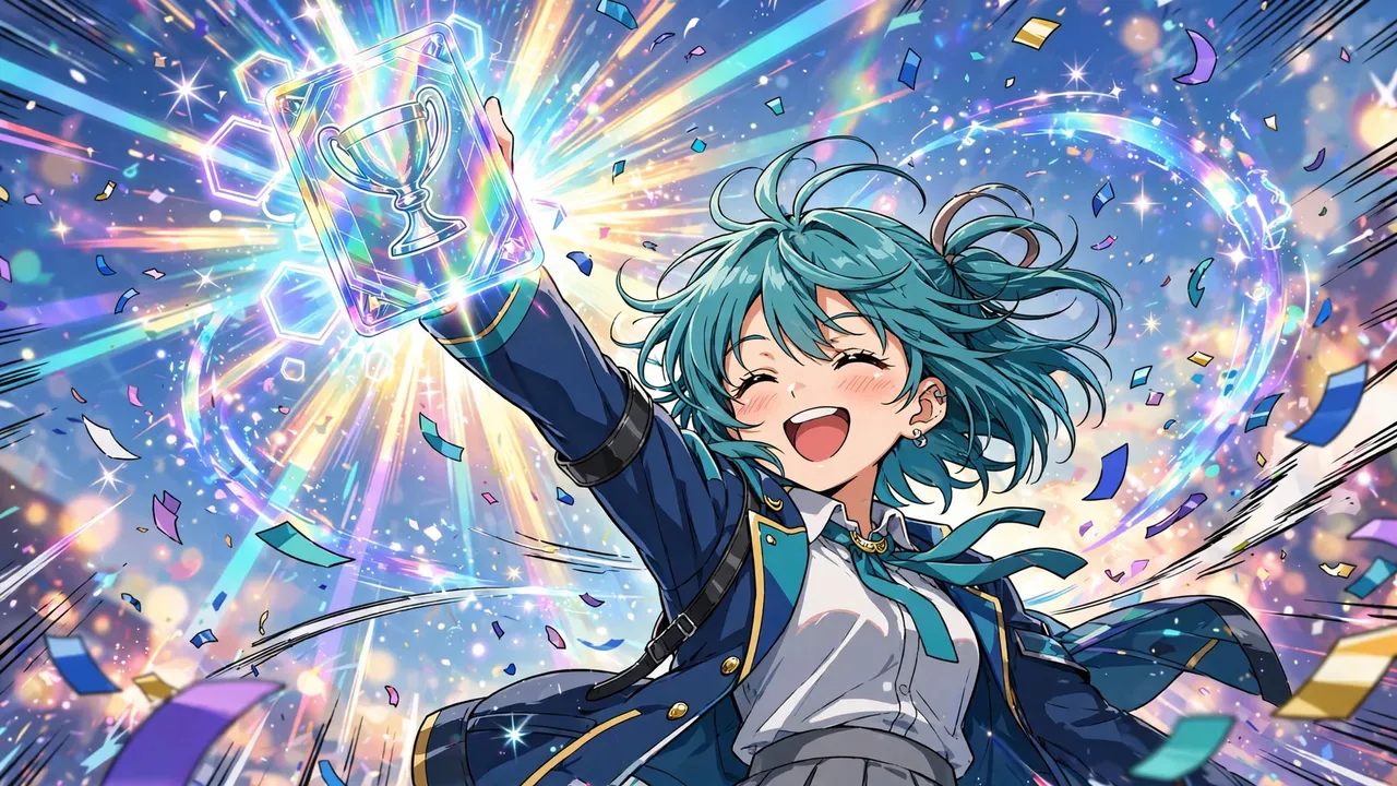 Anime illustration of a character celebrating a holographic card pull
