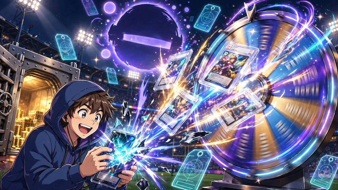 Anime illustration of a collector opening a glowing digital card pack on his phone as graded card slabs burst out beside a prize wheel and a vault