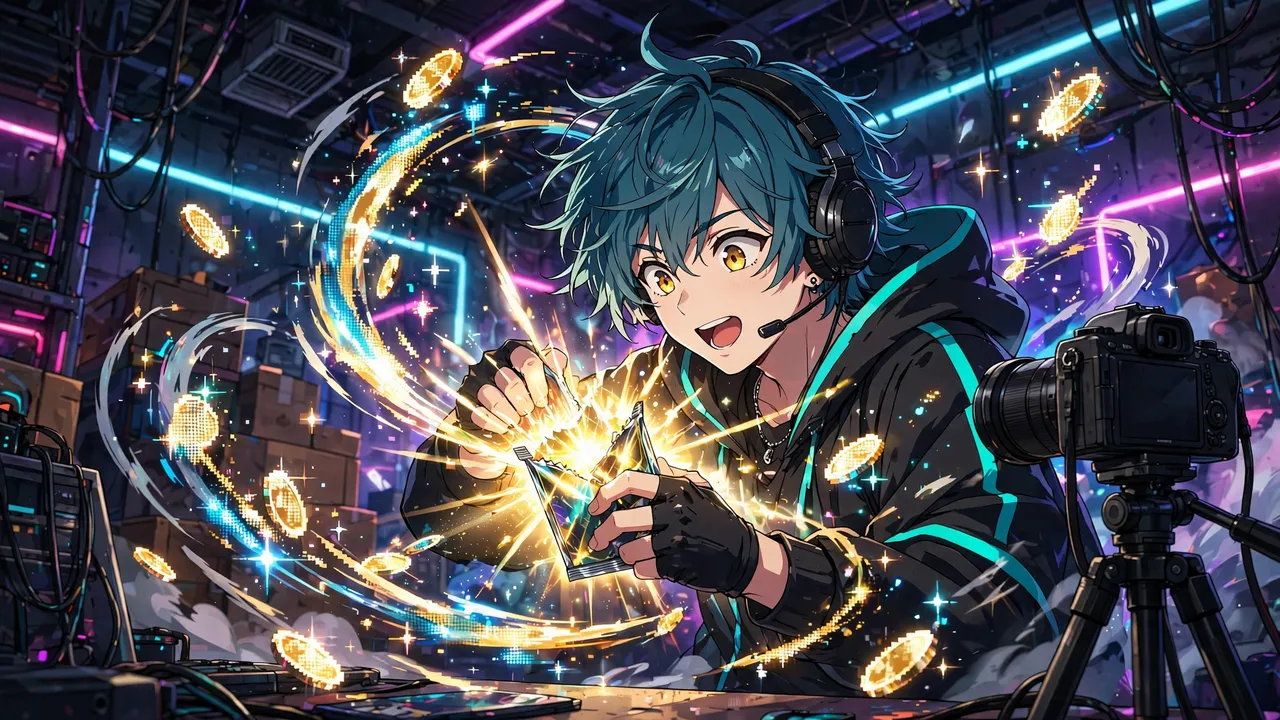 Anime illustration of a streamer in a neon-lit warehouse tearing open a glowing sealed trading card pack on camera while digital coins sparkle around them