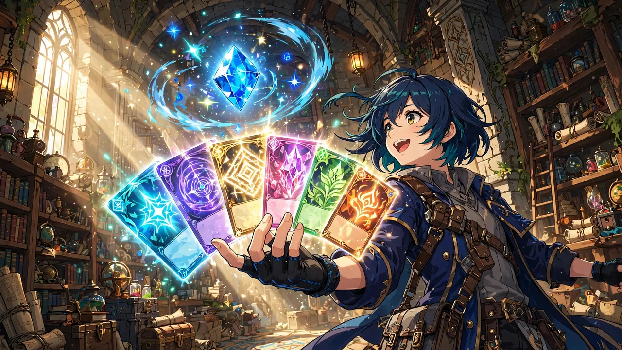 Anime illustration of a collector holding a fan of glowing trading cards inside a sunlit vault library, with a bright blue gem hovering above their hand