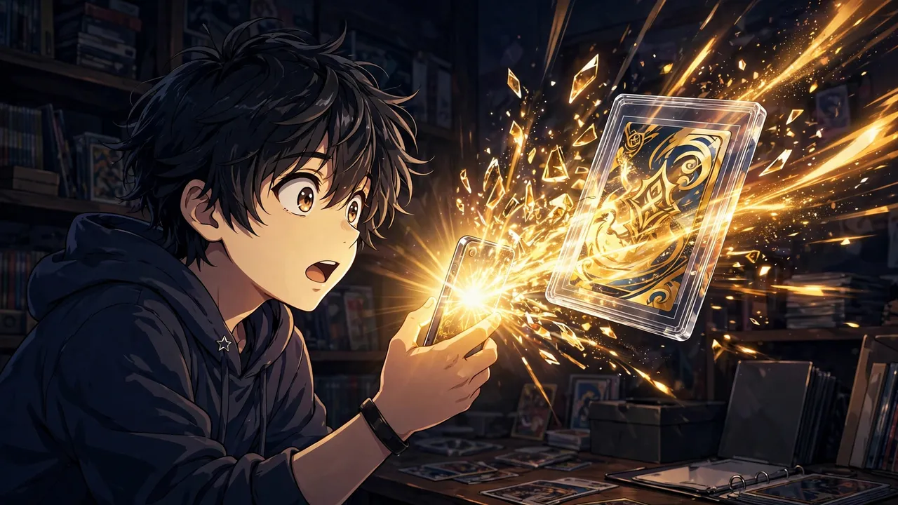 Anime illustration of a collector staring at a glowing phone as a graded card slab bursts out of a digital pack in a shower of light