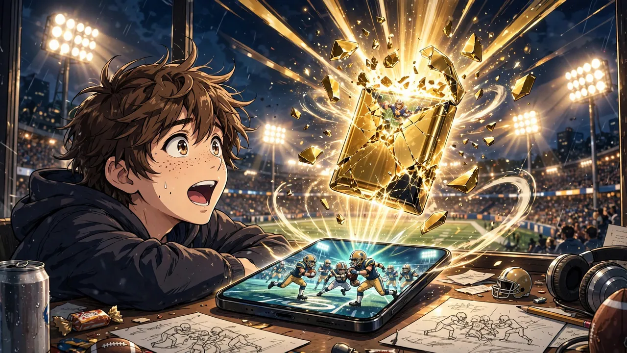 Anime illustration of a fantasy sports fan watching a glowing phone on a desk as a digital pack cracks open, stadium lights glowing behind