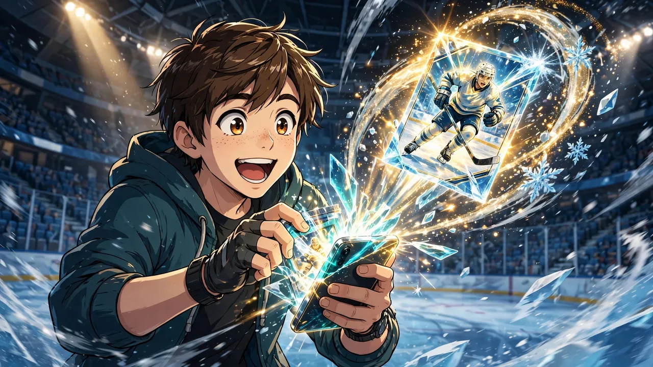 Anime illustration of a collector ripping open a glowing digital pack in a hockey arena as a radiant card bursts out in golden light and ice sparks