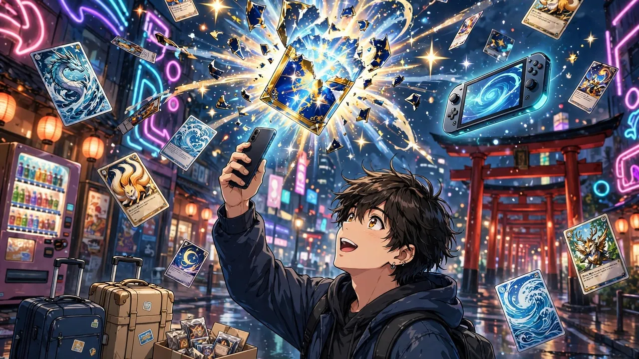 Anime illustration of a collector in a neon Tokyo arcade street holding up a phone as a glowing mystery pack bursts open, trading cards and a game console floating in the light