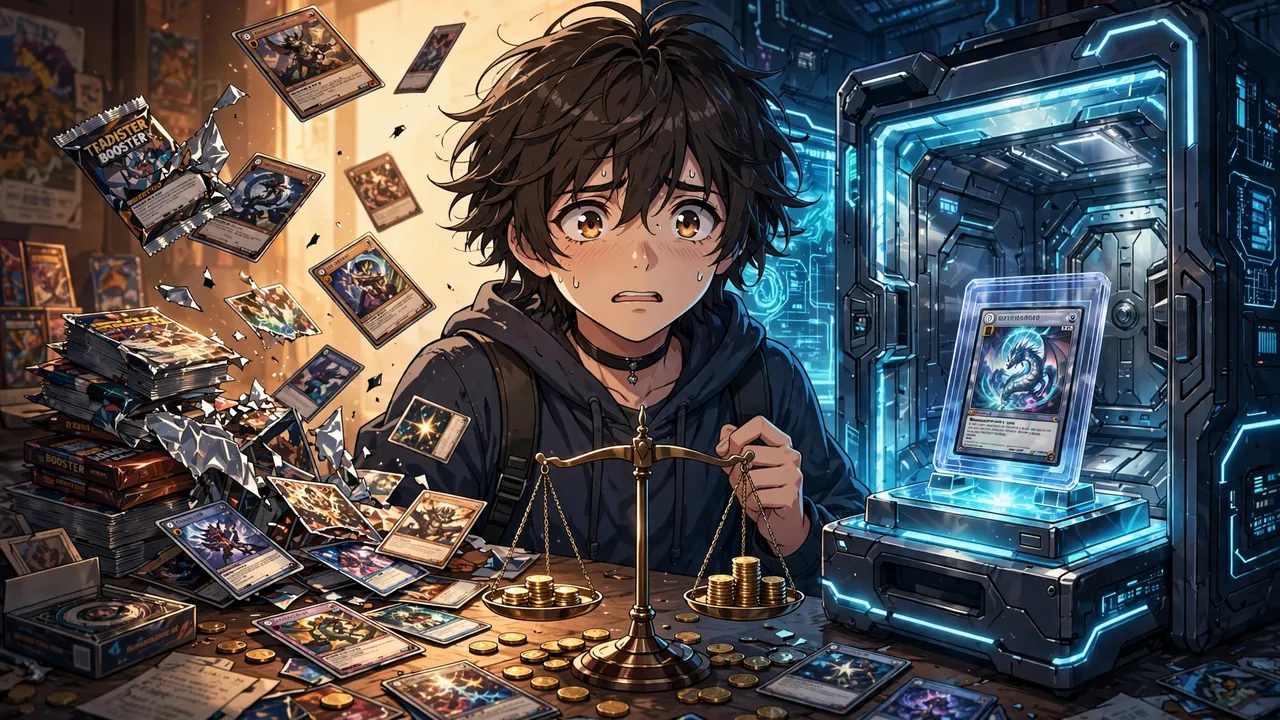 Anime illustration of a collector choosing between sealed physical booster packs spilling raw cards on a table and a glowing vending machine revealing one graded card in a clear slab case from a vault