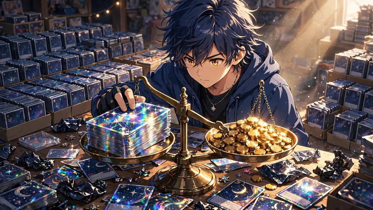 Anime illustration of a collector weighing a stack of holographic trading cards against gold coins on a large balance scale, opened packs spread across the table