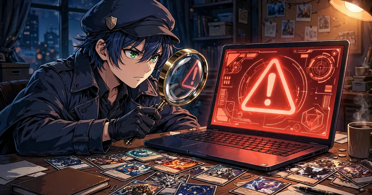 Anime illustration of a detective examining a suspicious laptop with a magnifying glass, warning symbol glowing on screen