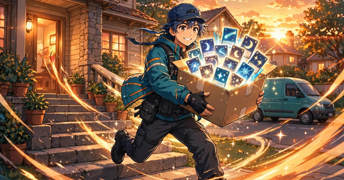 Anime illustration of a courier carrying a glowing box of trading cards up the steps of a house at sunset