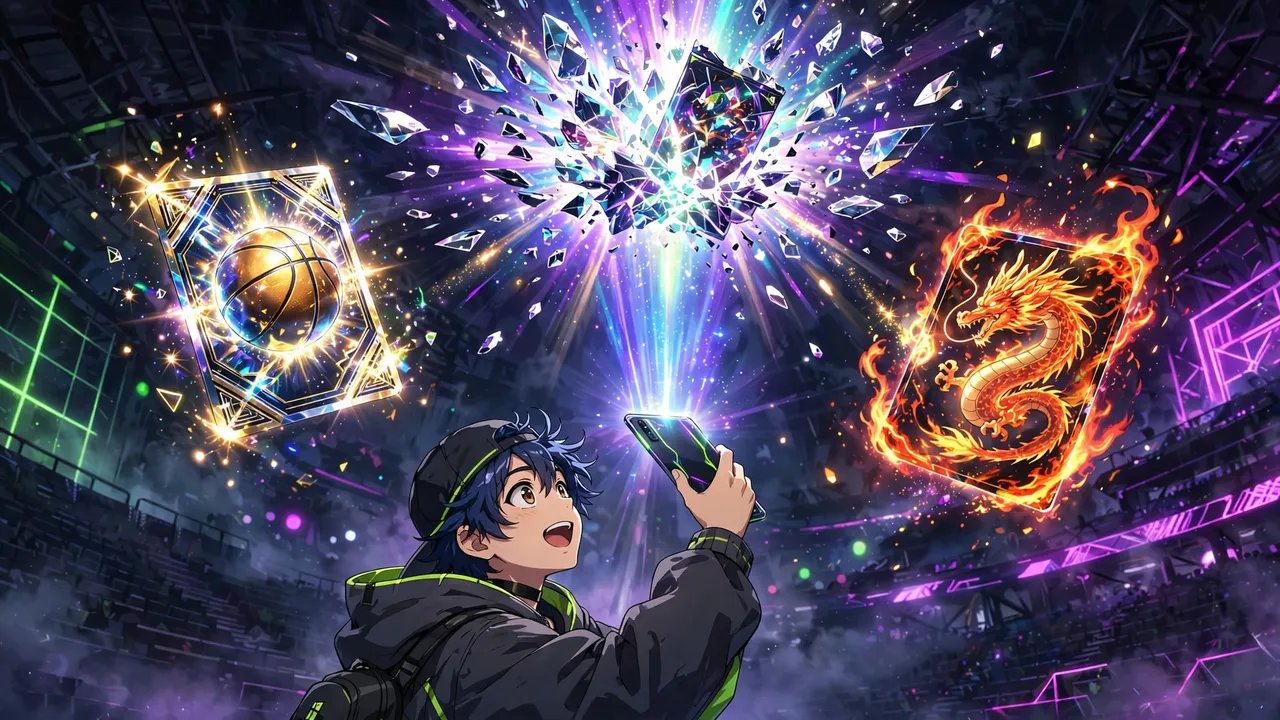Anime illustration of a collector holding up a phone as a glowing digital pack bursts open above it, a basketball card and a flaming dragon card floating in the light