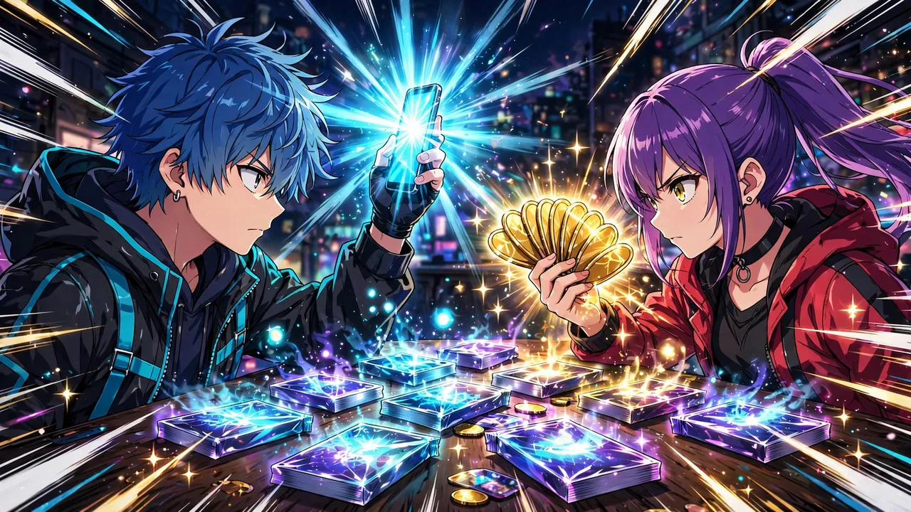 Anime illustration of two anime characters facing off over glowing card packs, one holding a smartphone, the other coins, in vibrant cel-shaded style