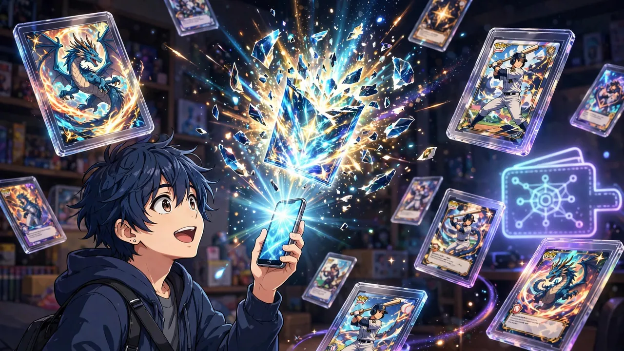 Anime illustration of a collector holding up a phone as a glowing digital pack bursts open above it, graded dragon and baseball card slabs floating in the light