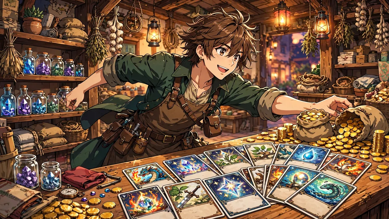 Anime illustration of a merchant with trading cards and coins at a shop counter