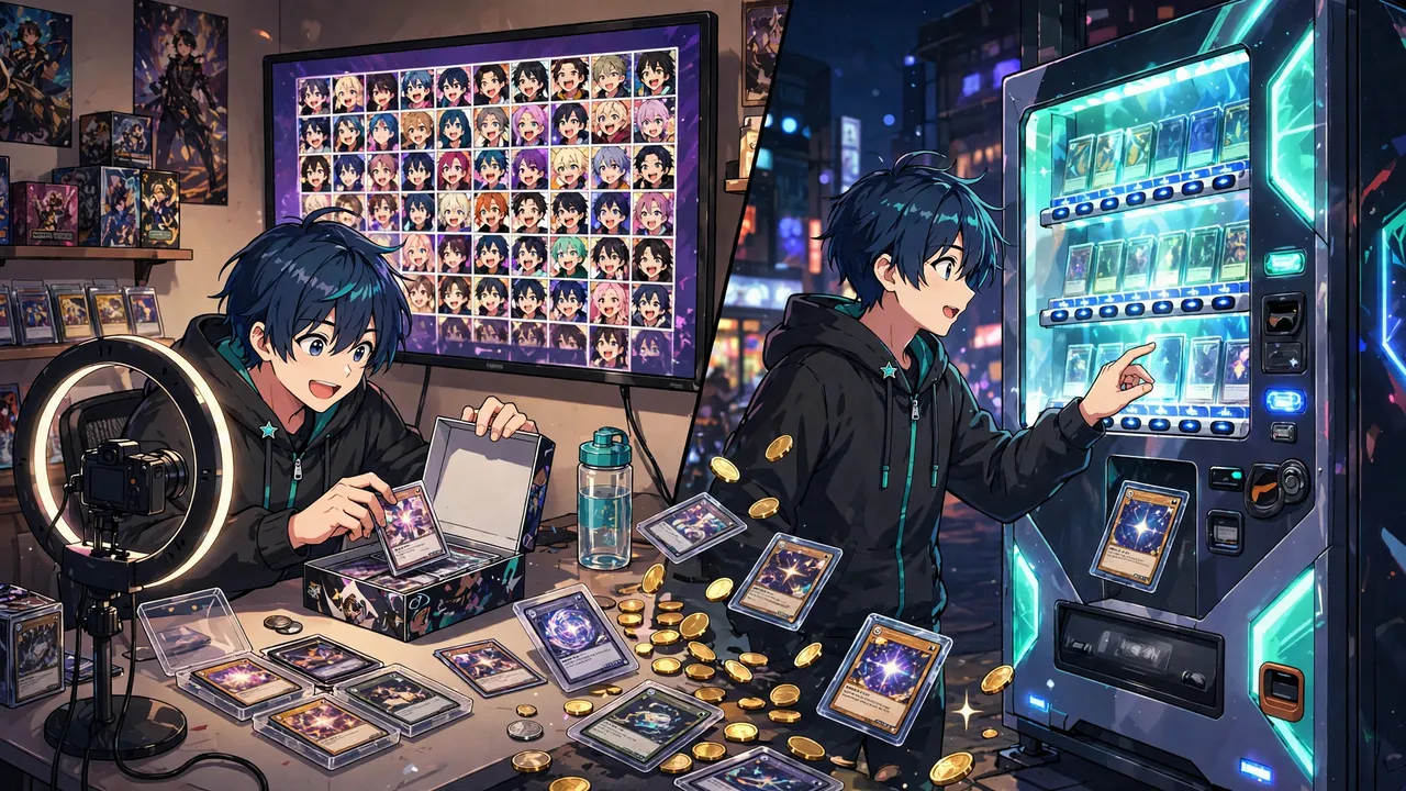 Anime illustration of a collector split between a livestream host opening a sealed box on camera and a glowing vending machine dispensing a digital pack, with cards in clear cases between the two scenes